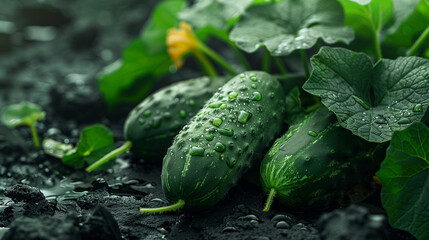 Obraz premium Fresh Cucumbers on Soil in Garden