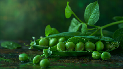 Fresh Green Peas in Pod with Leaves on Rustic Surface