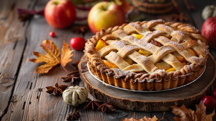 Fototapeta premium Freshly Baked Apple Pie on Rustic Wooden Table with Fall Decorations
