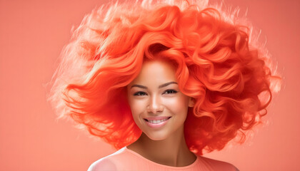 Naklejka premium frau, schön, haare, sunset, coral, neu, Farbe, des, jahres, 2024, 2025, locken, close up, frisur, friseur, salon, make-up, Kampagne, viele, lächelnd, solid, hintergrund, atelier, studio, model, afro, 