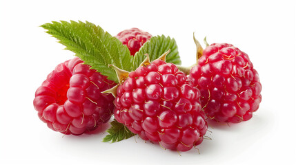 Fresh Raspberries with Leaves on White Background