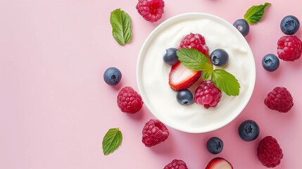 Fresh Yogurt with Berries on Pink Background