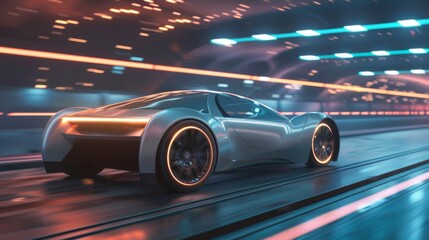 Fototapeta premium Racing down the city streets at night, the futuristic cars lights streak through the scene