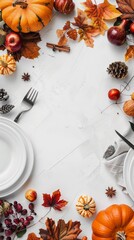 Flat lay mockup for autumn Thanksgiving. Empty sheet in the middle. Top view, copy space.