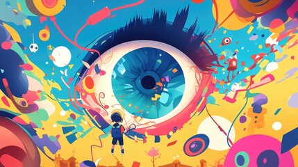 Fototapeta premium Immersed in the world of music through headphones the Eyeball Cartoon design concept comes to life