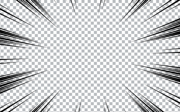 Comic manga transparent background with radial lines frame speed action effect vector. Explosion anime comic book cartoon pattern.