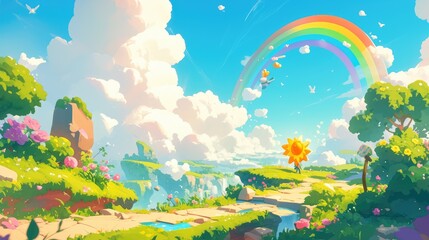 Fototapeta premium A delightful cartoon 2d featuring a charming sun strolling along a rainbow bridge