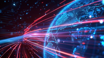 Obraz premium High-Speed Global Technology Network with Dynamic Blue and Red Lights