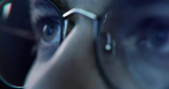 Male Businessman Scientist Eyes Glasses PC Screen Reflection Analyzing Financial Scientific Data Watching TV Browsing Using Internet Reading Working Online Late Scrolling 