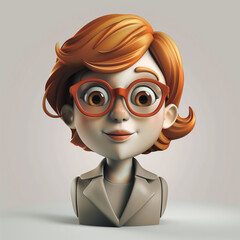 cute 3d caricature of smiling businesswoman with glasses and red hair in gray suit for character design and animation.