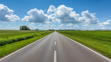 夏の青空と一本道