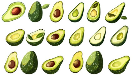 Avocado collection on white backdrop Concept of wholesome food