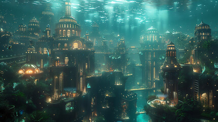 illustration of a futuristic metropolis beneath the waves with underwater habitats bioluminescent creatures and advanced technology creating a subaquatic world of wonder and exploration