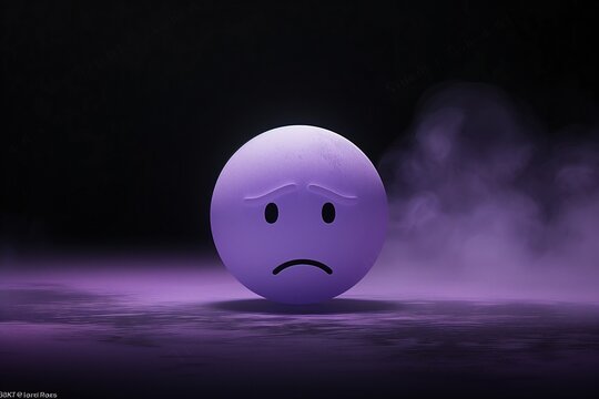 A sad emoticon in soft lavender, slightly transparent, floating in the center of a black background with a faint lavender haze.