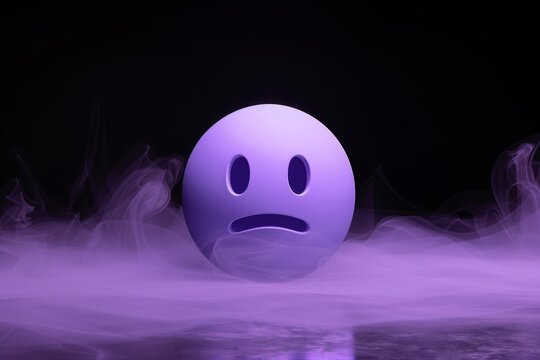 A sad emoticon in soft lavender, slightly transparent, floating in the center of a black background with a faint lavender haze.