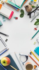 Flat lay mockup for back to school. Empty sheet in the middle. Top view, copy space.