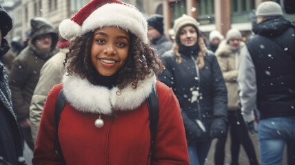 Fototapeta premium Teenage African American Girl in Santa Costume, Winter Jacket, Bobble Hat, Strolling Through European Town in Snow Before Christmas