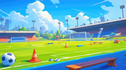 Naklejka premium Illustration of a sports training complex featuring a stadium lighting towers canopied benches and a soccer field for practice The setup includes essential sports equipment like goals balls 