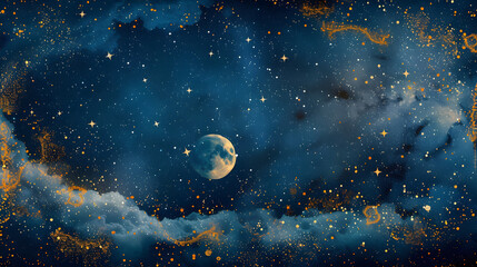 Themed wedding invitation modern template collection with stars and moons. Gold and blue save-the-date cards with watercolor sparkles. Background with starry night.