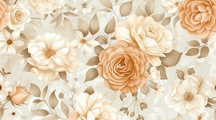 A floral patterned wallpaper with a mix of flowers and leaves