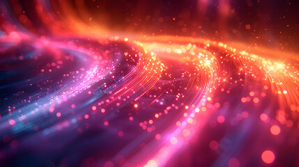 Obraz premium Colorful vibrant neon light stripes and dots, illuminated modern light waves, luminous lighttail stripes on a dark moody background, futuristic design, modern elegant light art