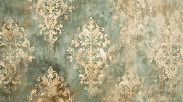 Fototapeta A wall with a green and gold floral wallpaper