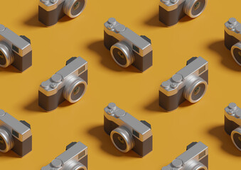 Isometric seamless pattern of photo cameras. 3d illustration.