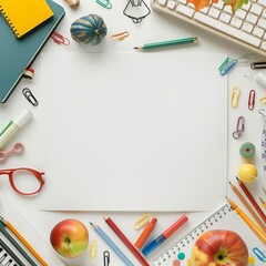 Flat lay mockup for back to school. Empty sheet in the middle. Top view, copy space.
