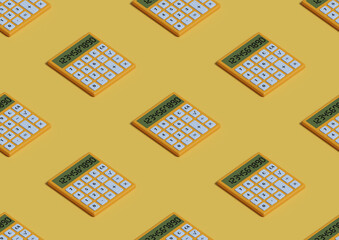 Isometric seamless pattern of calculators on yellow background. 3d illustration.