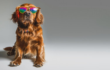 Silhuette of cute dog wearing colorful sunglasses isolated on a gray white background. Copy space for text message advertising