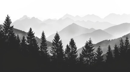 Forest silhouette against mountain range in monochrome picture