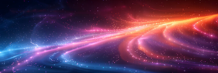 Obraz premium Colorful vibrant neon light stripes and dots, illuminated modern light waves, luminous lighttail stripes on a dark moody background, futuristic design, modern elegant light art