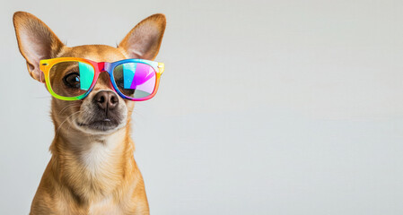 Silhuette of cute dog wearing colorful sunglasses isolated on a gray white background. Copy space for text message advertising