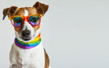 Silhouette of cute dog wearing colorful sunglasses isolated on a gray white background. Copy space for text message advertising. Jack Russell Terrier breed