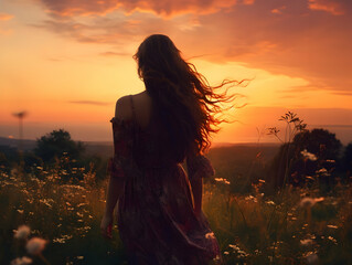 Young woman standing in a meadow feeling happy and free with open arms up to the warm sunlight. Feelings of peace and happiness concept.