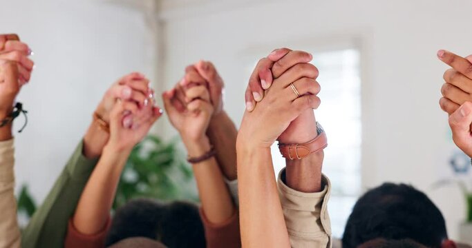 Business people, group and hands together in unity for team building in office with support or solidarity. Collaboration, employees and palms up with praying in workplace for motivation and community