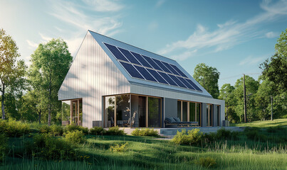 Obraz premium 3d rendering, A small, modern house with solar panels on the roof and an energy system in Germany. The exterior is white with large windows overlooking green trees