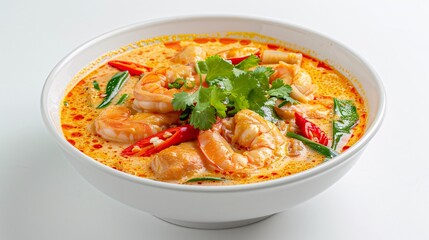 Fototapeta premium Thai Cuisine - Tom Yum Goong, Spicy Thai Shrimp Soup with Lemongrass, Kaffir Lime Leaves, and Fresh Herbs - Generative AI