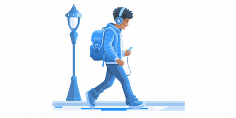 Fototapeta premium Person Walking with Blue Backpack and Headphones