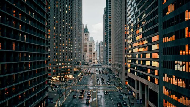 Busy Downtown City Area Slow Flight Between Buildings Heavy Traffic Financial District Green Energy Overpopulation Autonomous Vehicles Ai Concept