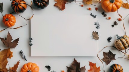 Flat lay mockup for Halloween. Empty sheet in the middle. Top view, copy space