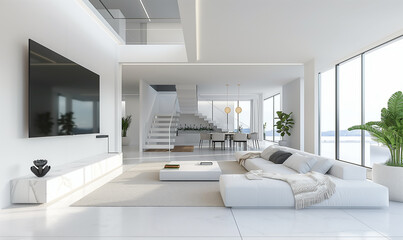 3d rendering, Minimalist white interior with super-sized wall-mounted TV