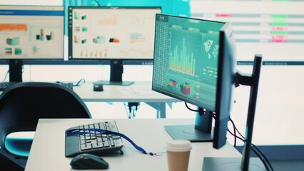 Empty telecommunications control room with workstations, coworking space equipped with a big screen and modern devices used in organizational daily tasks and projects. Camera A.