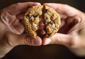 Hands of a person holding homemade chocolate chip cookie. Concept of snack sweet bakery sugar unhealthy eating