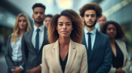 Obraz premium Photo of diverse group of leaders smiling, Successful business team gathered in a boardroom, young professional business people standing together