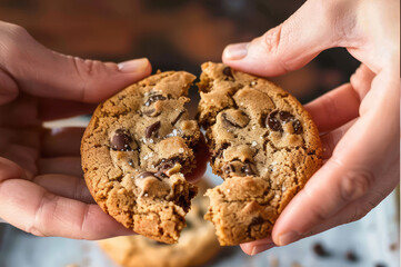 Hands of a person holding homemade chocolate chip cookie. Concept of snack sweet bakery sugar unhealthy eating