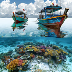Tourist boats over a tropical coral reef at low tide on the coast of a small tropical island (gili...