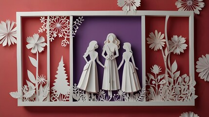 Diverse Paper Flowers Frame Women's Day (8th March),International Women's Day poster, women's empowerment illustration, diversity invitation template, multicultural greeting card, handcrafted