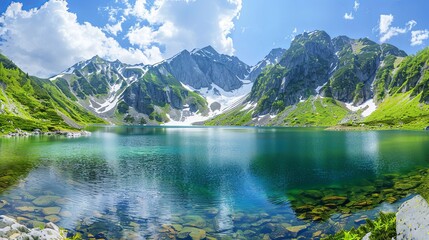 A clear lake nestled amidst lush green mountains under a blue sky. Generative AI