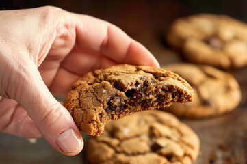 Hands of a person holding homemade chocolate chip cookie. Concept of snack sweet bakery sugar unhealthy eating